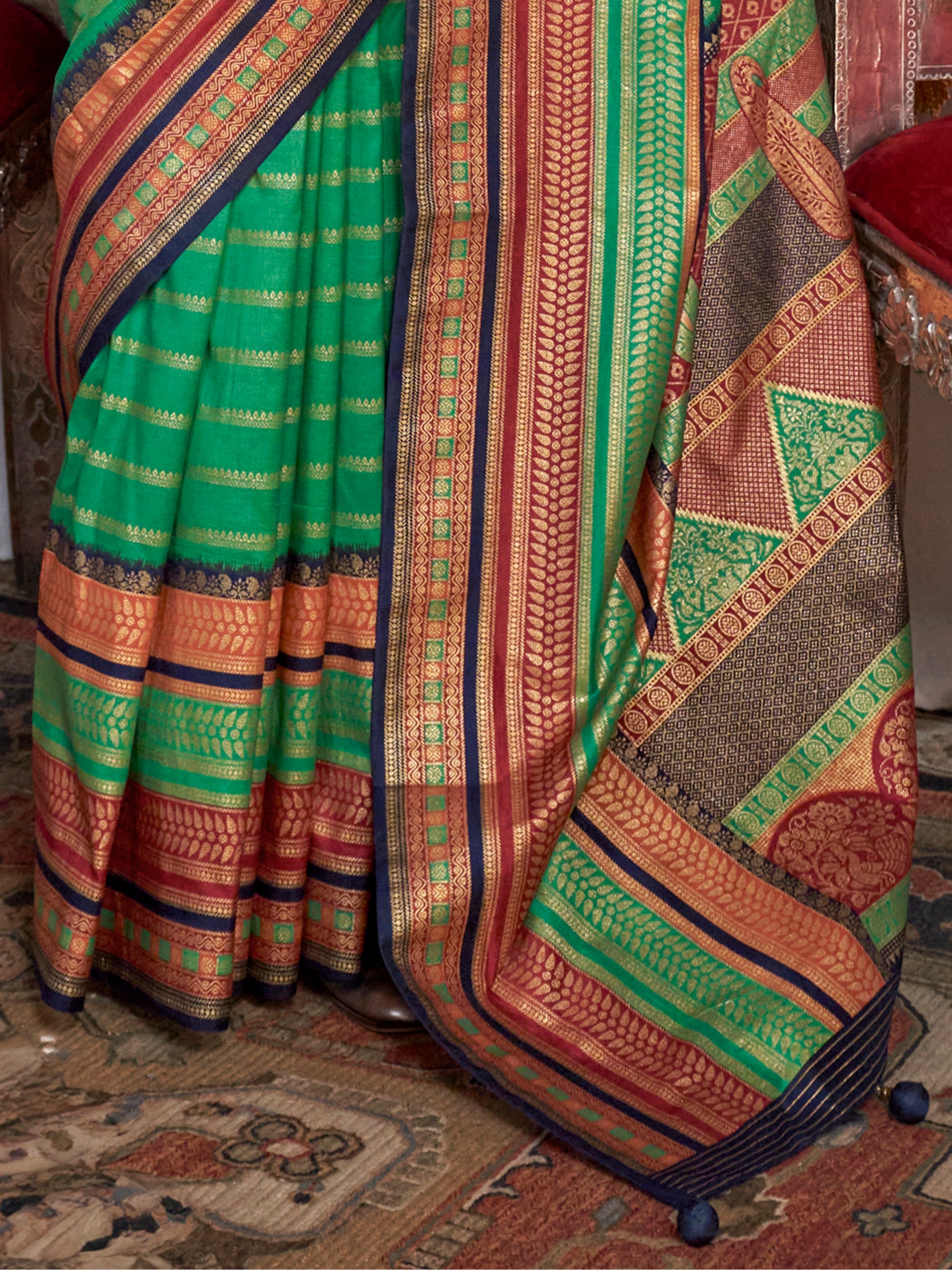 Adorable Teal Green Zari Weaving Silk Festival Wear Saree With Blouse