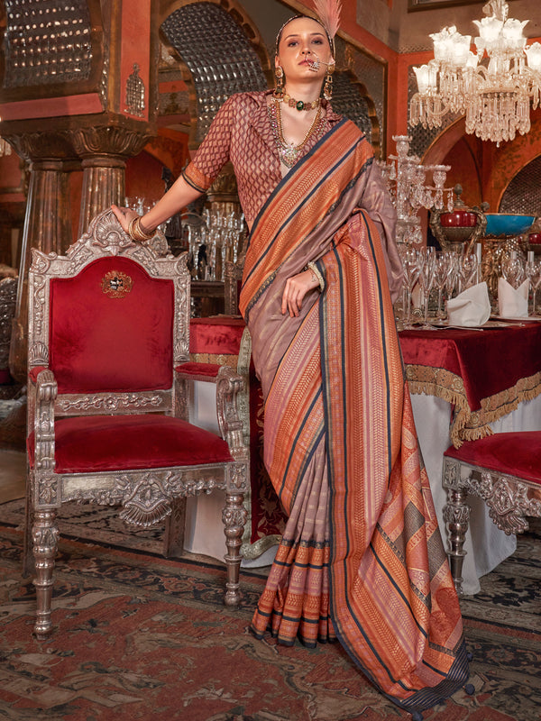 Beautiful Brown Zari Weaving Silk Event Wear Saree With Blouse