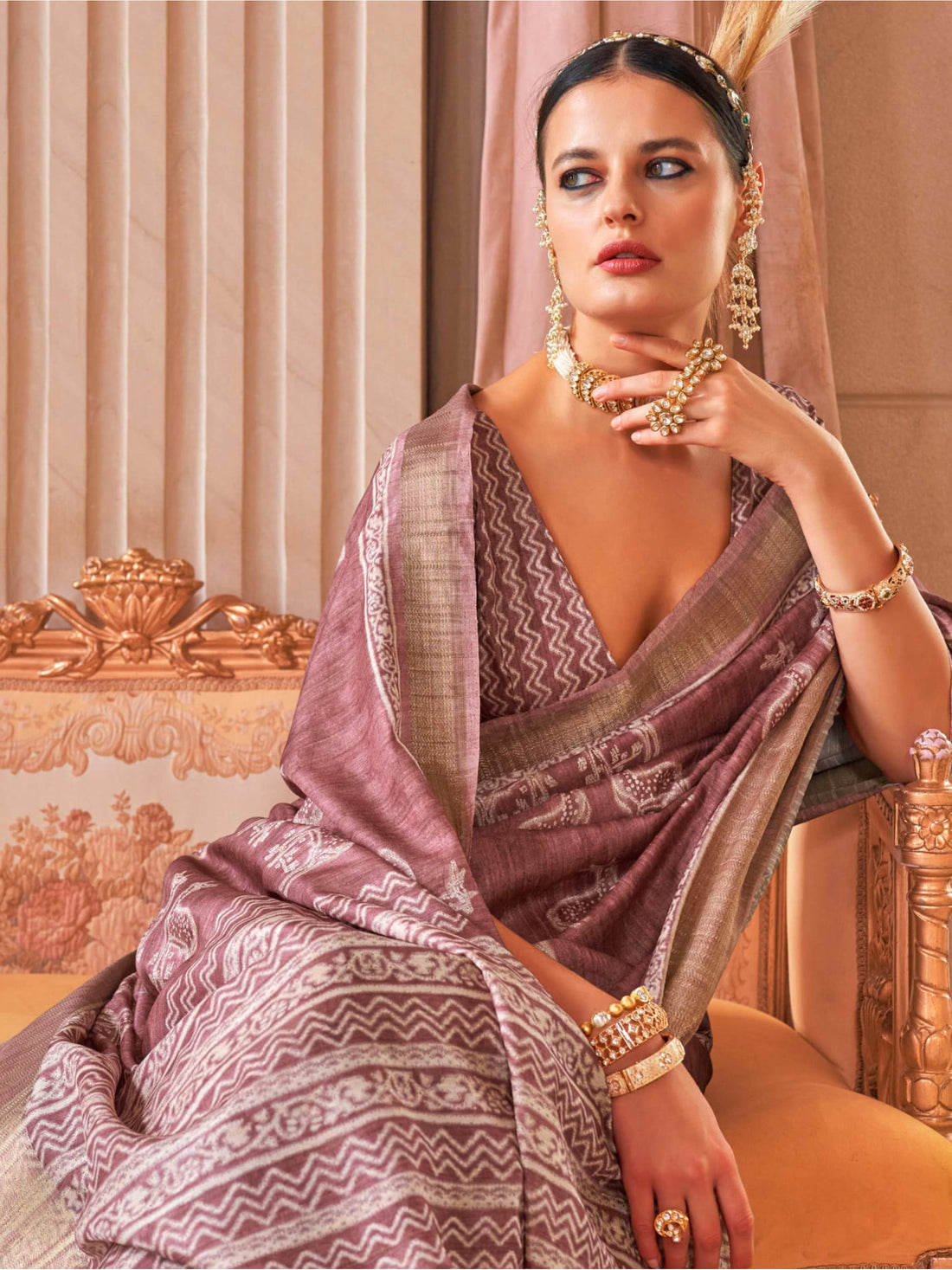 Beautiful Dusty Purple Printed Silk Casual Wear Saree With Blouse