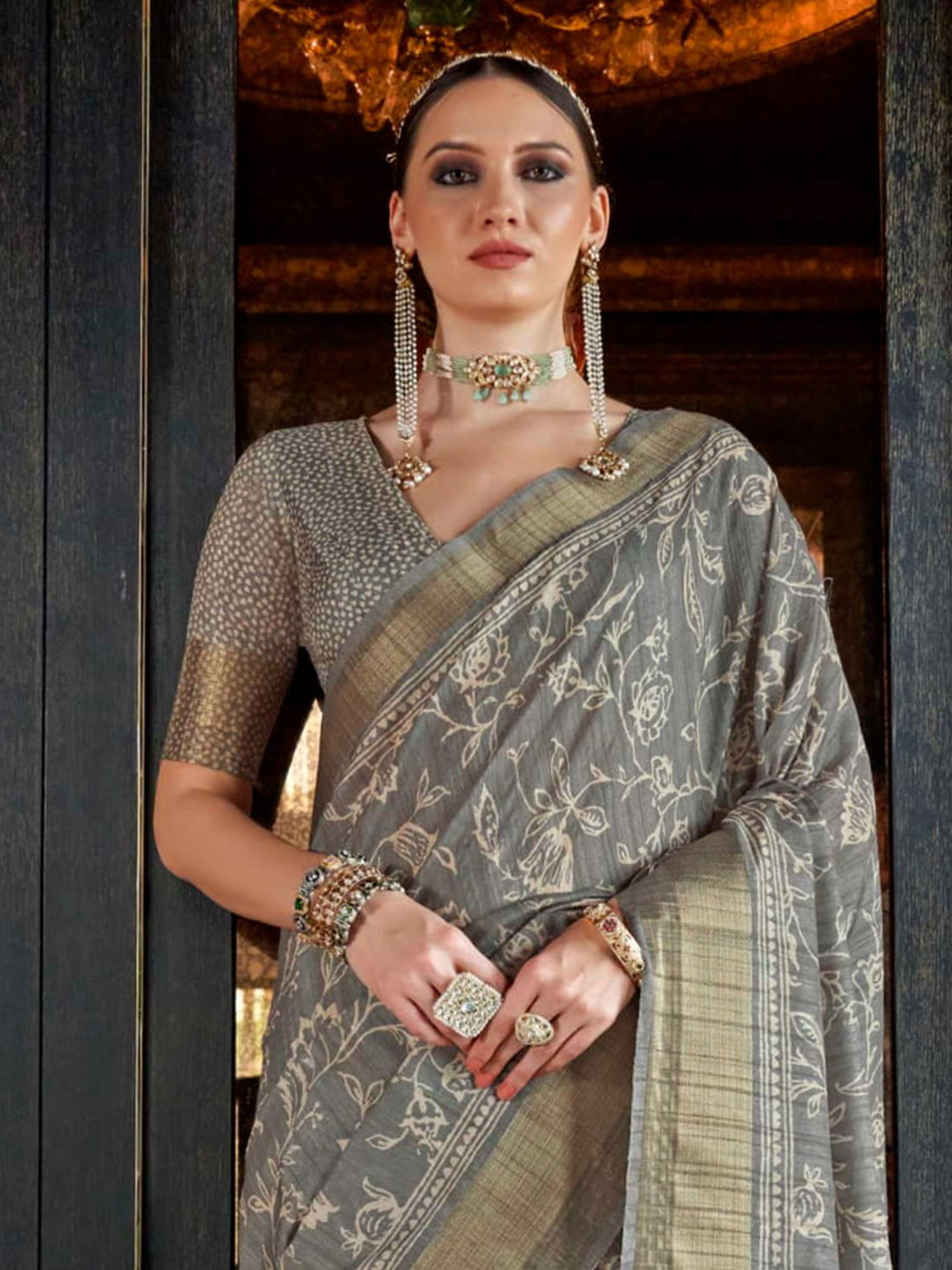 Stunning Grey Digital Printed Silk Traditional Saree With Blouse