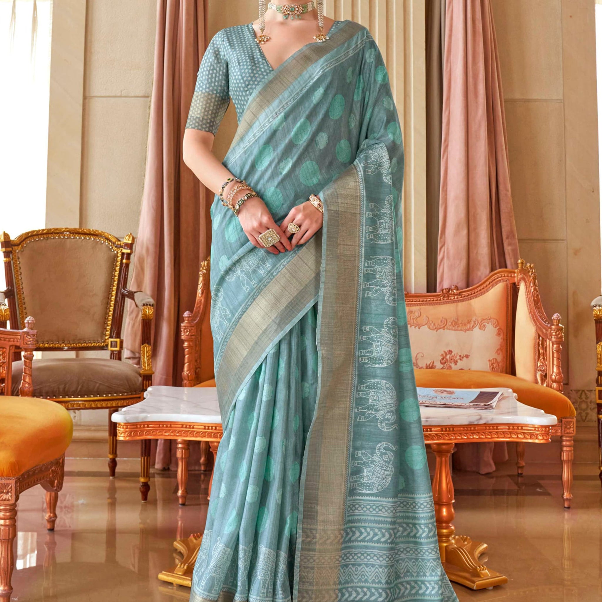 Enchanting Sky-Blue Digital Printed Silk Festival Wear Saree With Blouse
