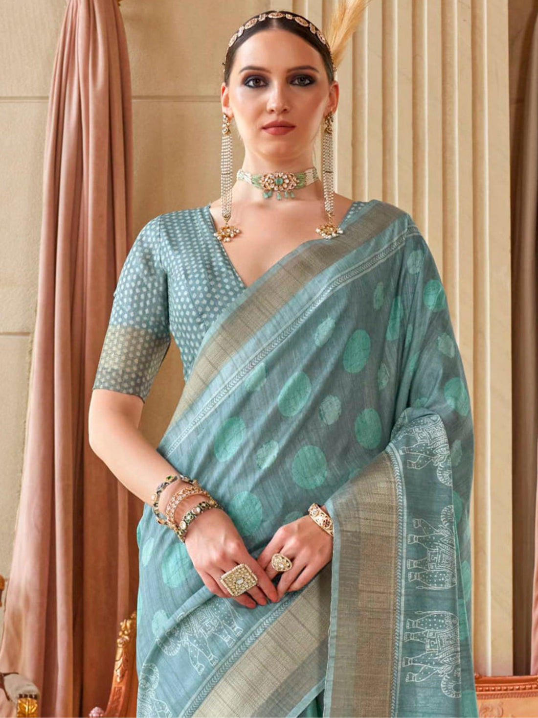 Enchanting Sky-Blue Digital Printed Silk Festival Wear Saree With Blouse