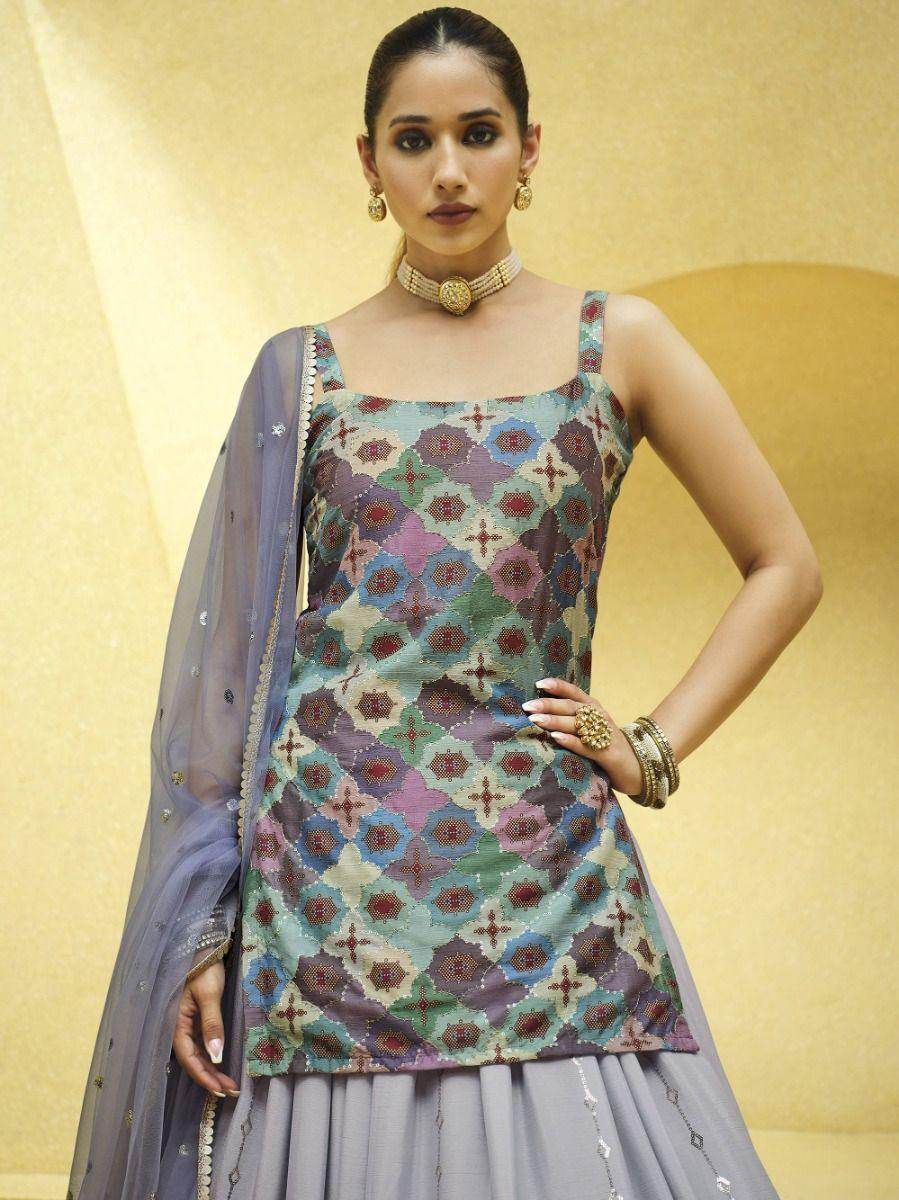 Lavender Sequins Embroidered Chinon Silk Lehenga Choli With Dupatta - Zeel Clothing