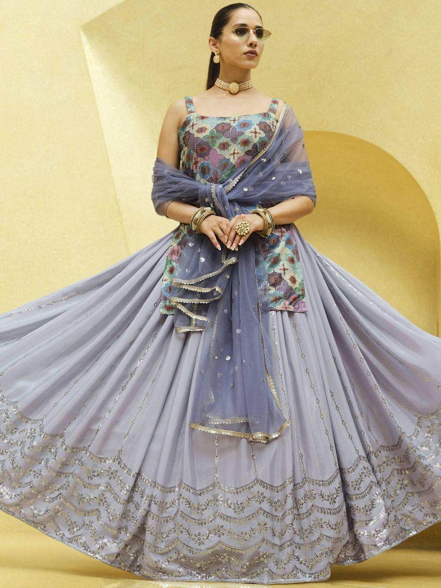 Lavender Sequins Embroidered Chinon Silk Lehenga Choli With Dupatta - Zeel Clothing