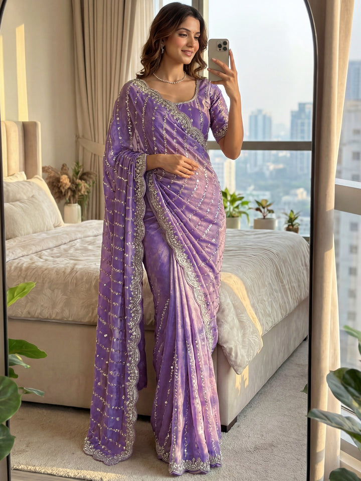 Wonderful Lavender Embroidered Satin Engagement Wear Saree With Blouse