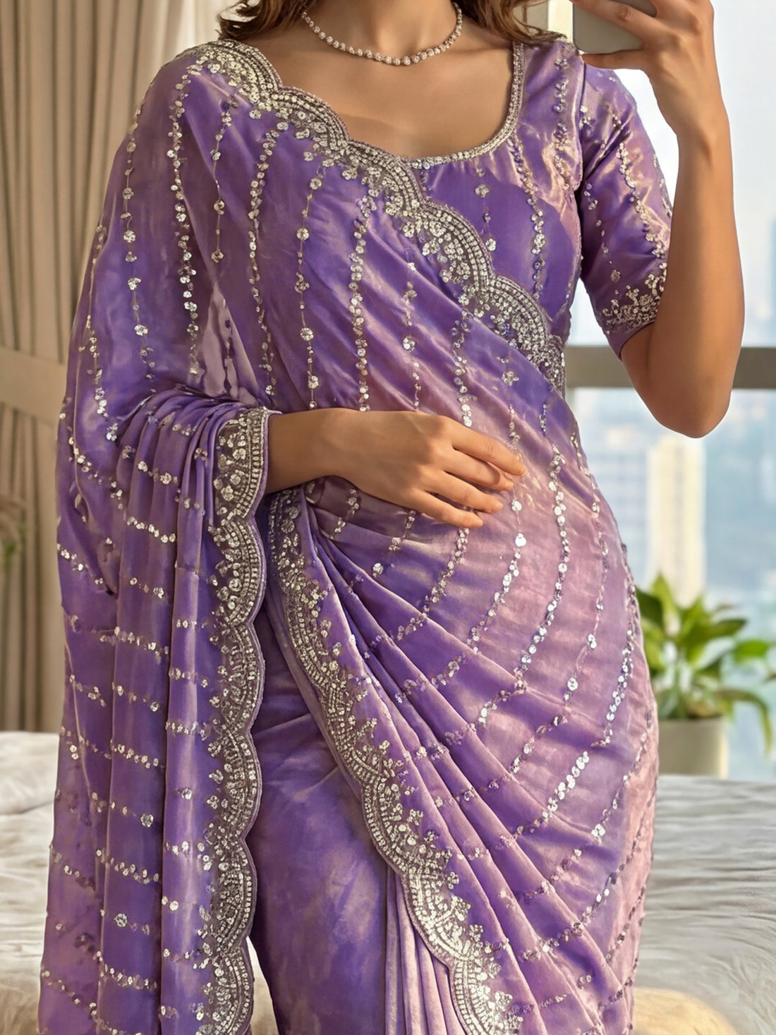Wonderful Lavender Embroidered Satin Engagement Wear Saree With Blouse