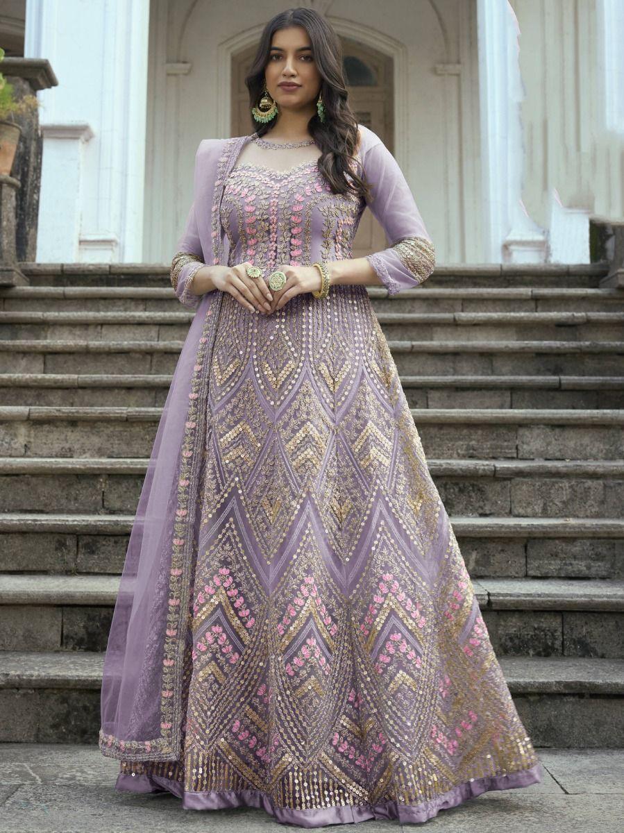 Awesome Lavender Embroidered Net Weeding Wear Anarkali Suit