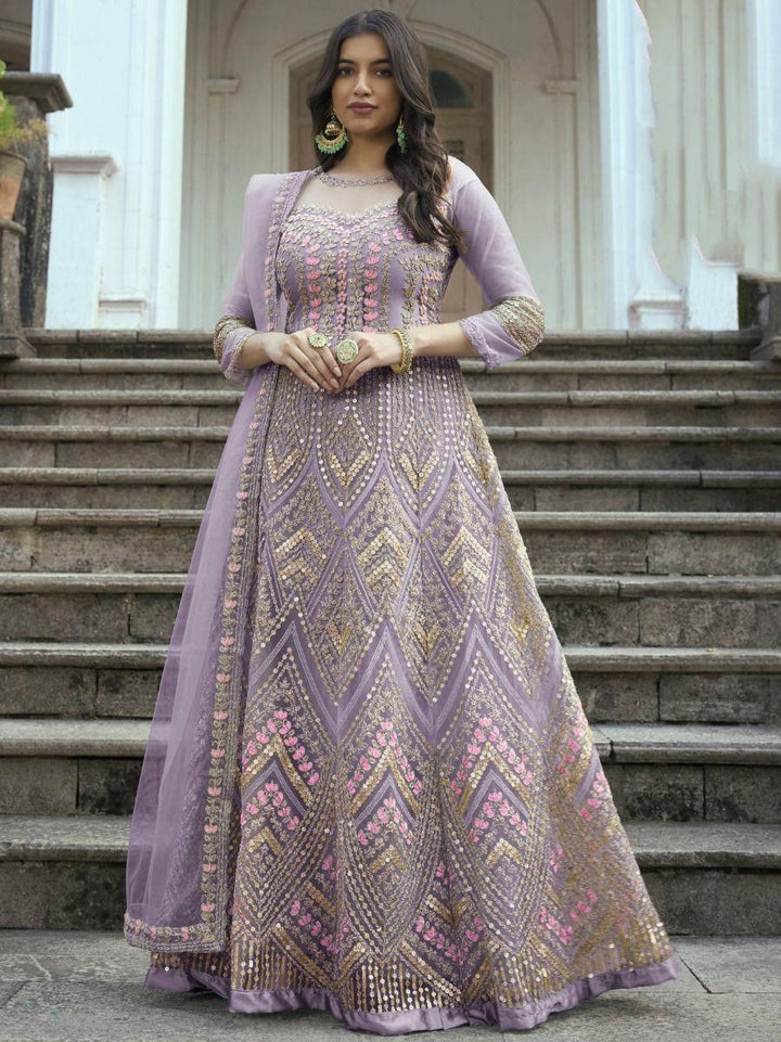 Awesome Lavender Embroidered Net Weeding Wear Anarkali Suit