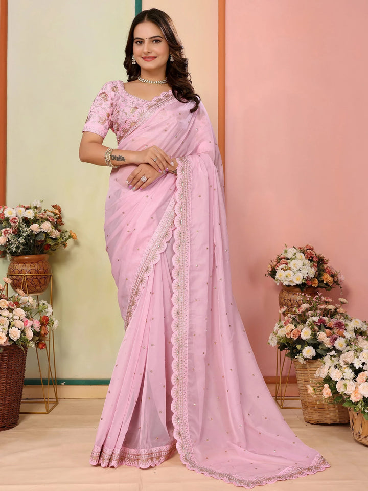 Lavish Baby Pink Thread Work Organza Party Wear Saree With Blouse - Zeel Clothing