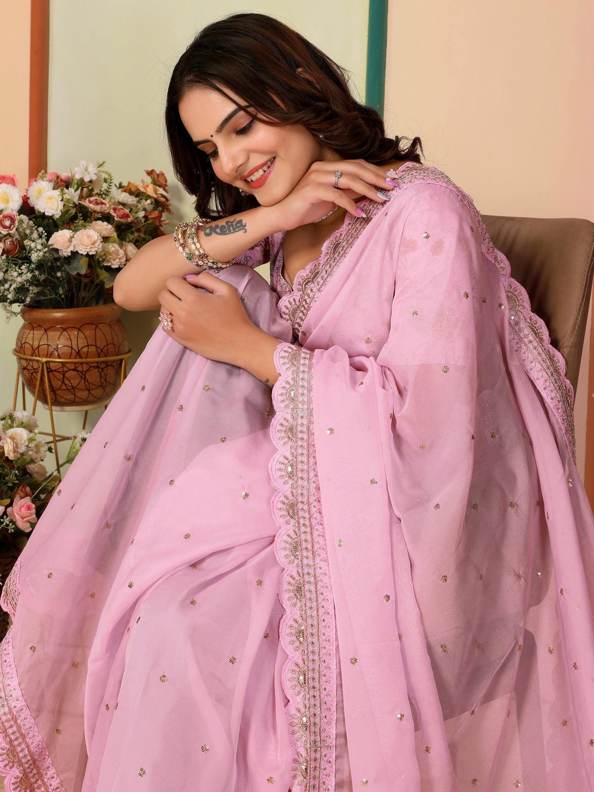 Lavish Baby Pink Thread Work Organza Party Wear Saree With Blouse - Zeel Clothing