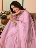 Lavish Baby Pink Thread Work Organza Party Wear Saree With Blouse - Zeel Clothing
