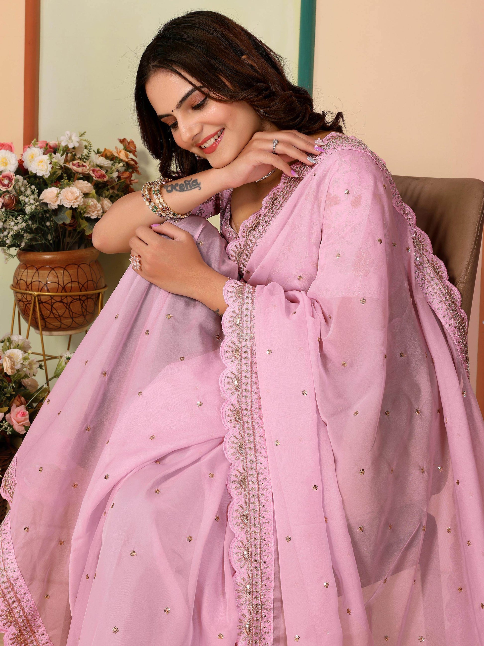 Lavish Baby Pink Thread Work Organza Party Wear Saree With Blouse - Zeel Clothing