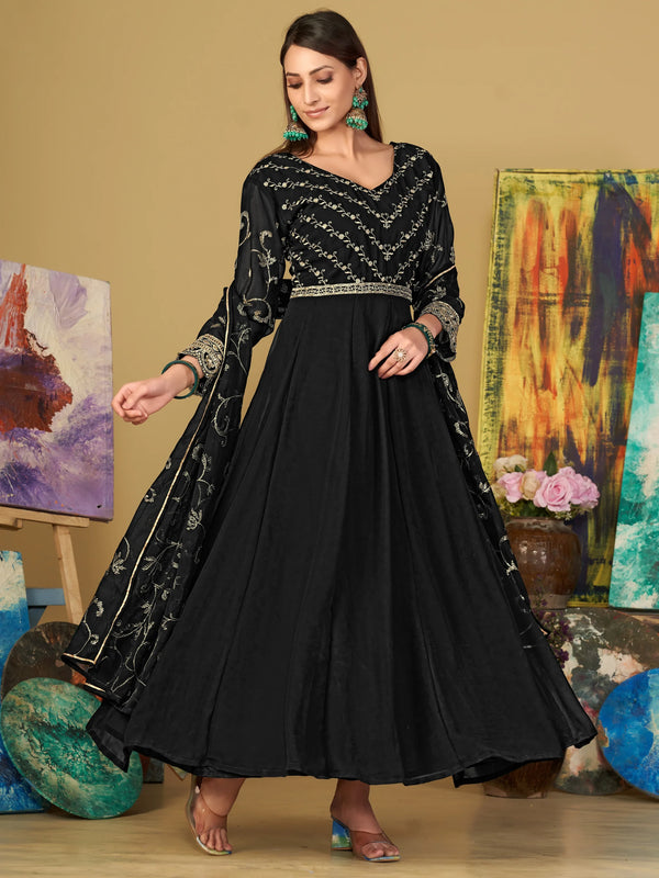 Lavish Black Sequins Georgette Anarkali Suit With Dupatta - Zeel Clothing