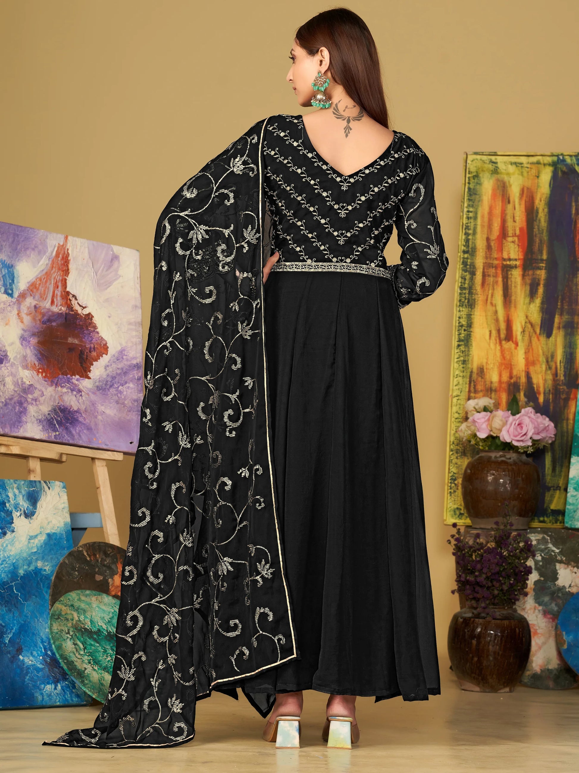 Lavish Black Sequins Georgette Anarkali Suit With Dupatta - Zeel Clothing