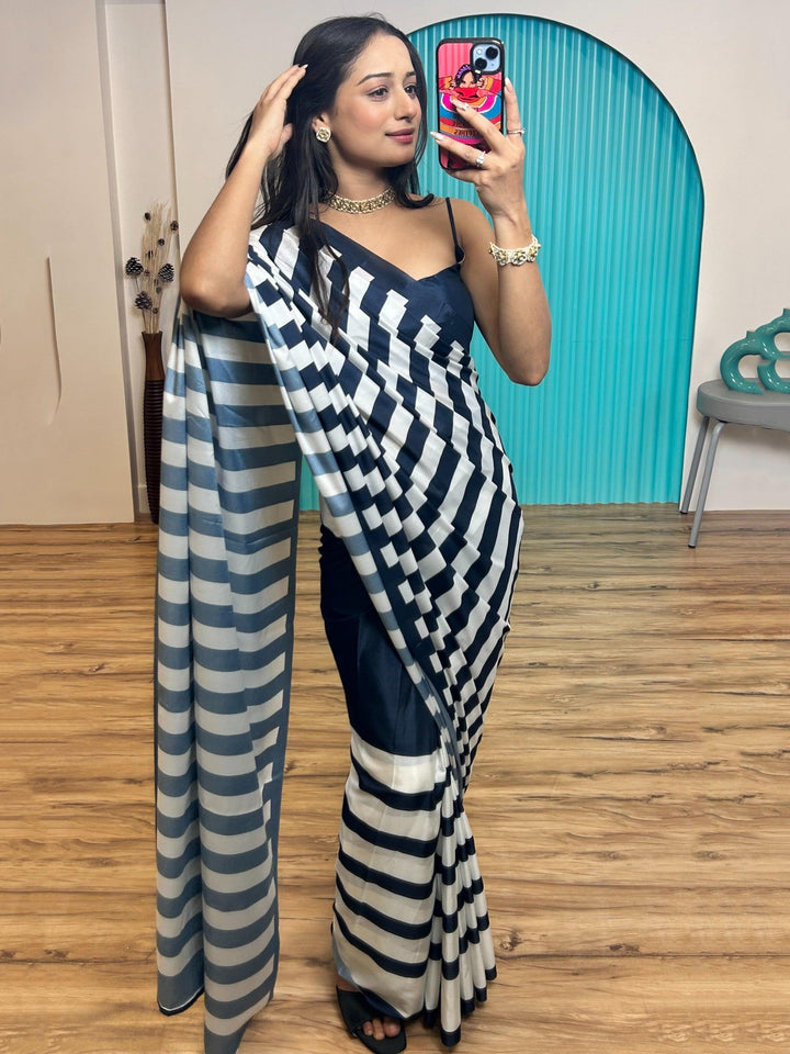 Lavish Blue & White Digital Printed Satin Saree With Blouse