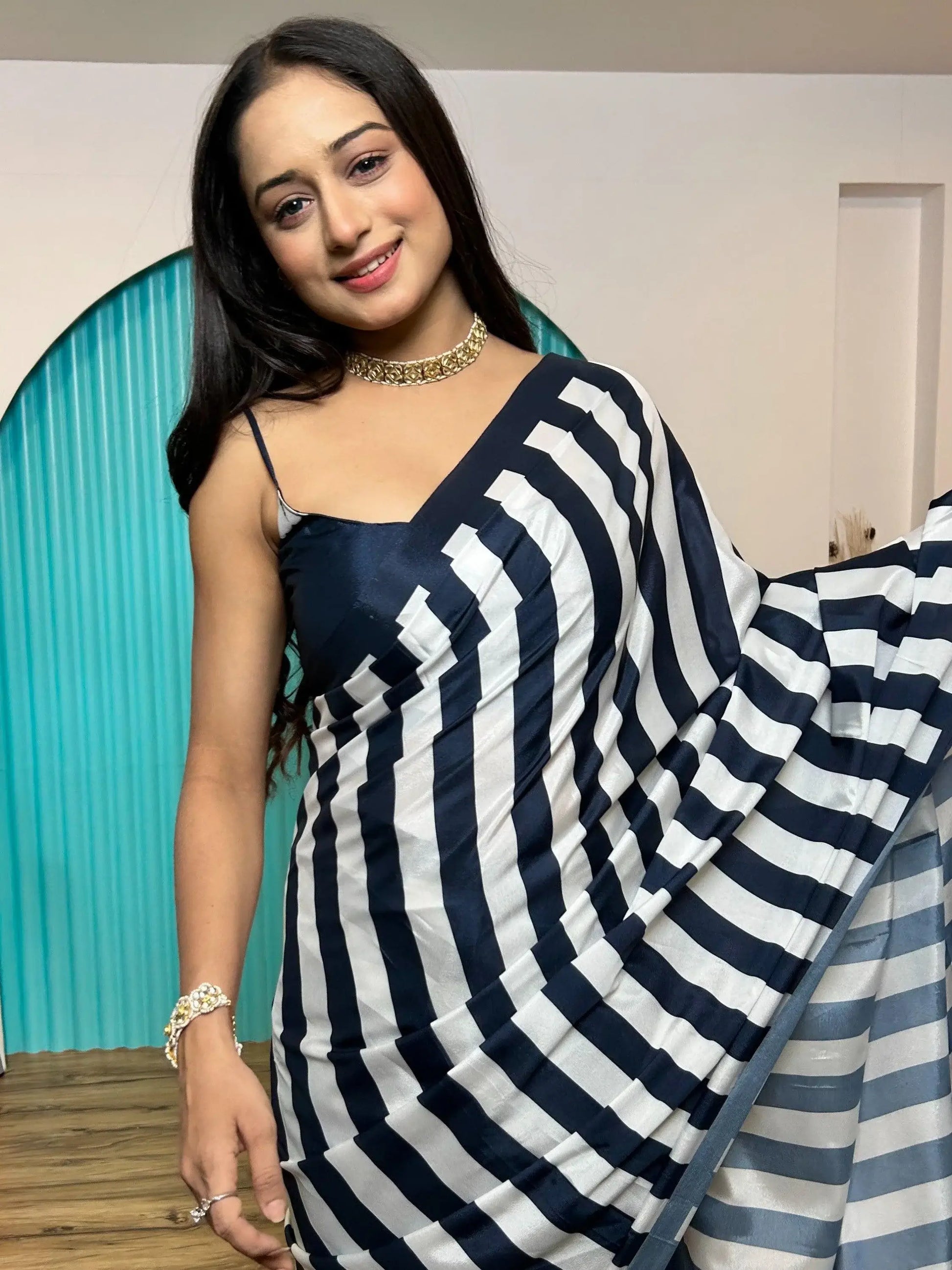 Lavish Blue & White Digital Printed Satin Saree With Blouse - Zeel Clothing