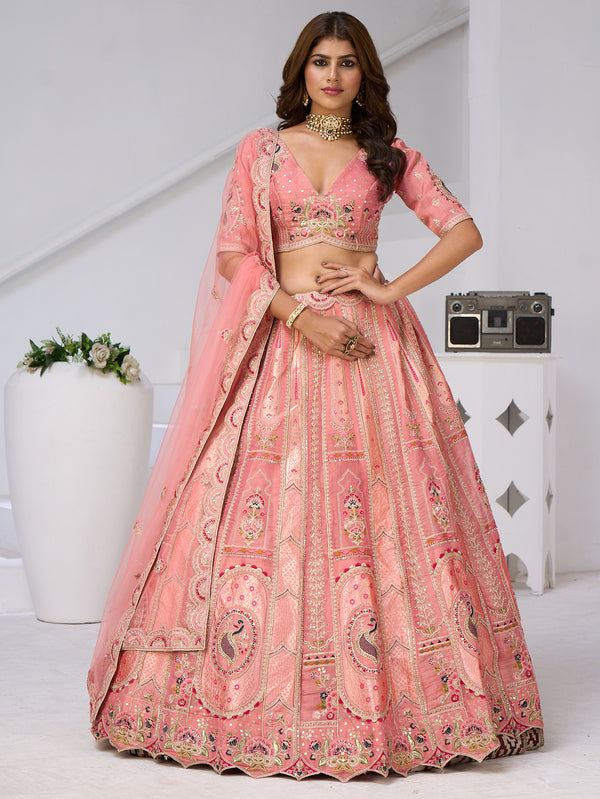 Lavish Blush Pink Dori Work Banarasi Silk Sangeet Wear Lehenga Choli