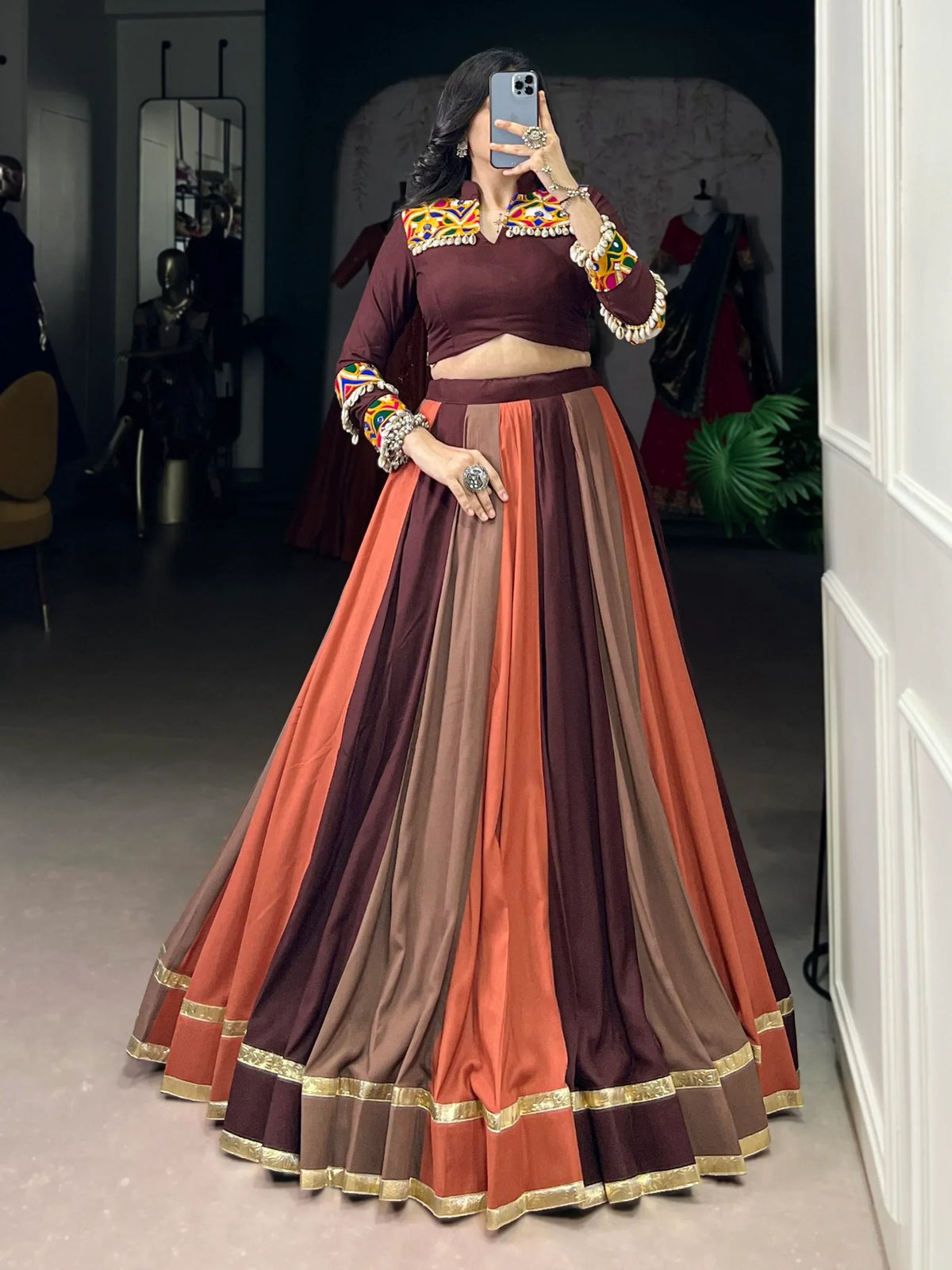 Lavish Brown Rayon Navratri Special Lehenga With Gamthi Work Blouse - Zeel Clothing