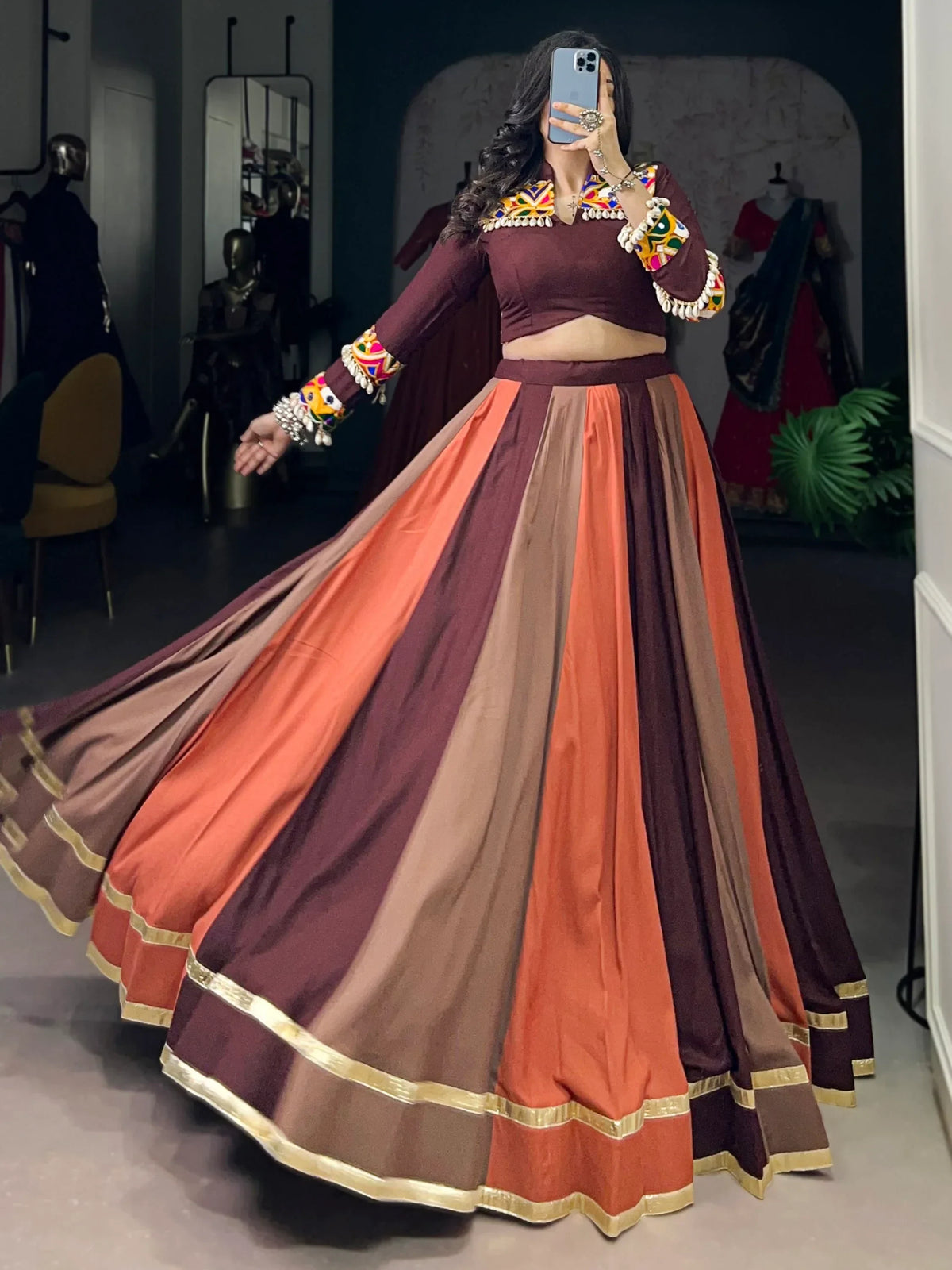 Lavish Brown Rayon Navratri Special Lehenga With Gamthi Work Blouse - Zeel Clothing