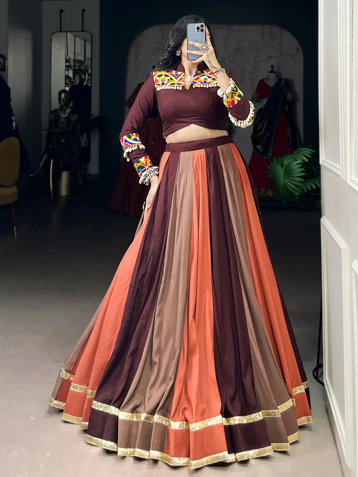 Lavish Brown Rayon Navratri Special Lehenga With Gamthi Work Blouse - Zeel Clothing