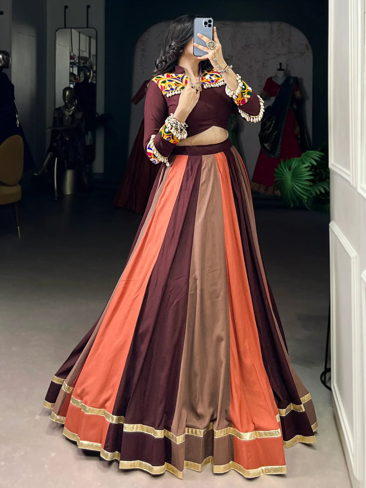 Lavish Brown Rayon Navratri Special Lehenga With Gamthi Work Blouse - Zeel Clothing
