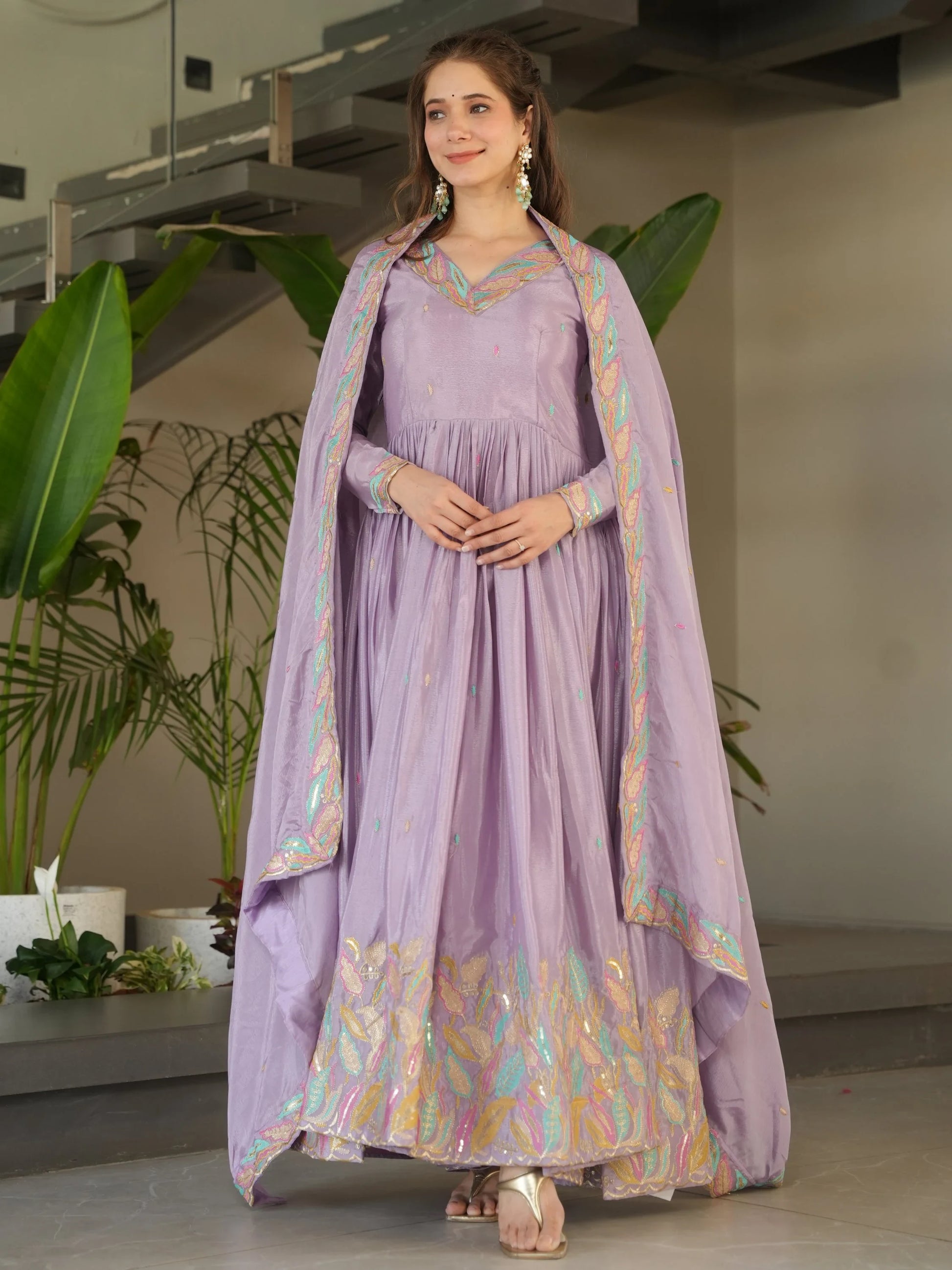 Lavish Lavender Multi Thread Work Chinon Festive Wear Gown With Dupatta - Zeel Clothing