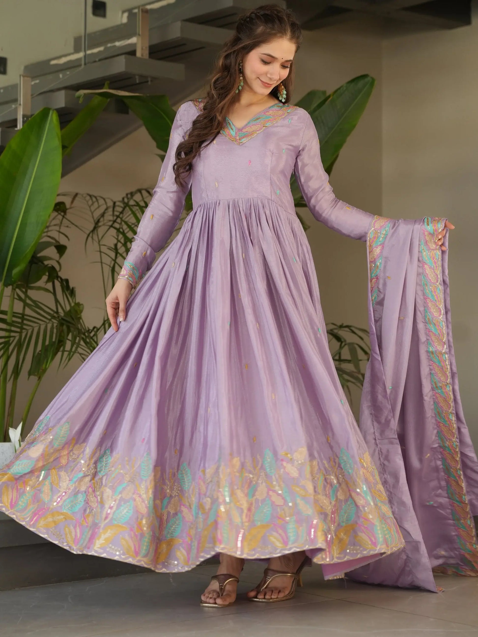 Lavish Lavender Multi Thread Work Chinon Festive Wear Gown With Dupatta - Zeel Clothing