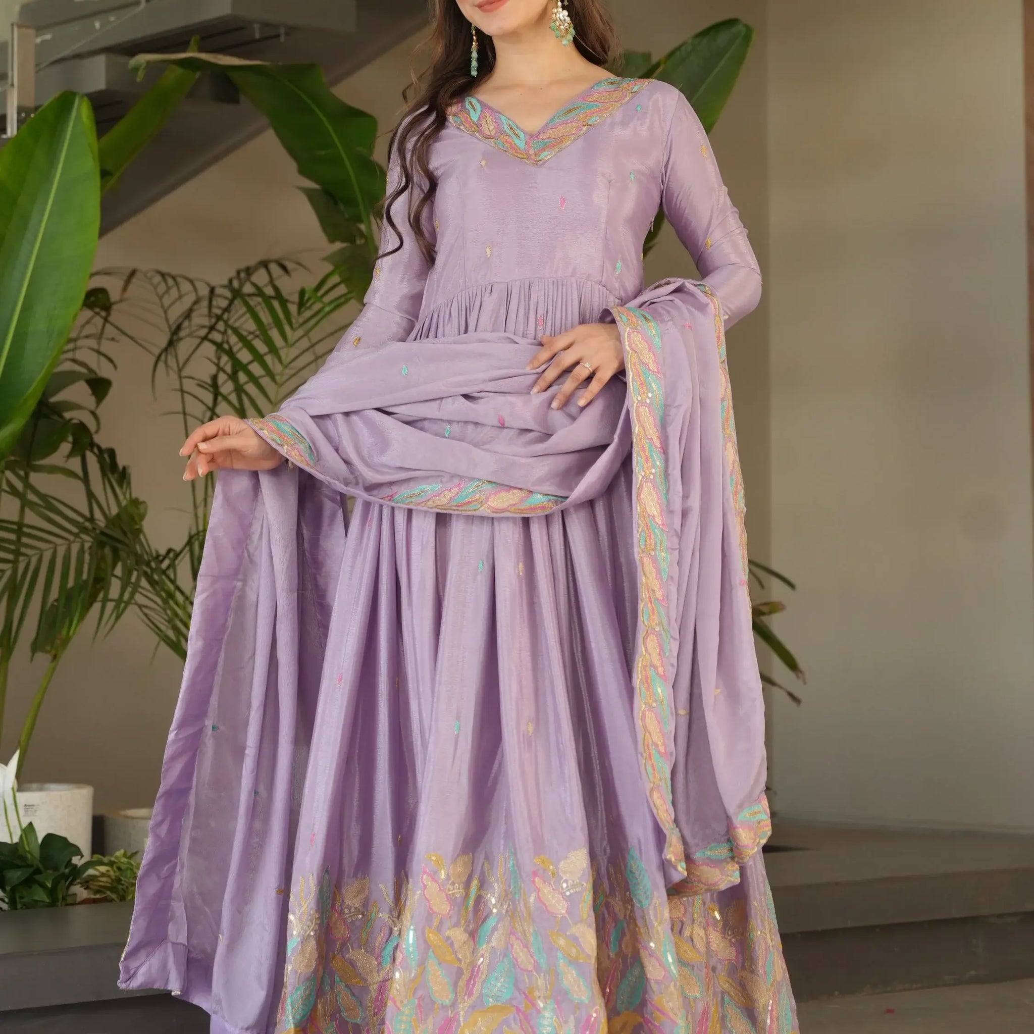 Lavish Lavender Multi Thread Work Chinon Festive Wear Gown With Dupatta - Zeel Clothing