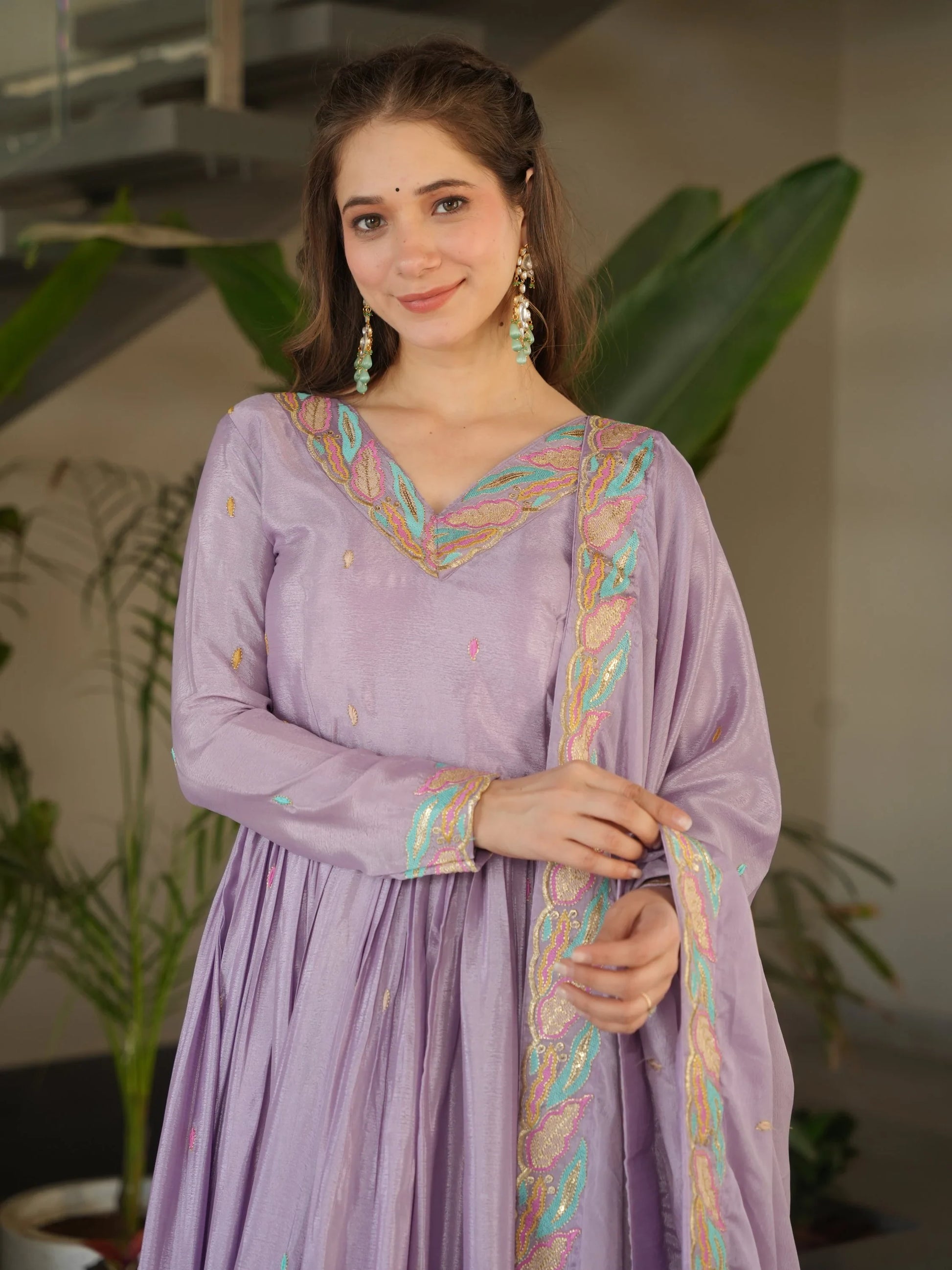 Lavish Lavender Multi Thread Work Chinon Festive Wear Gown With Dupatta - Zeel Clothing