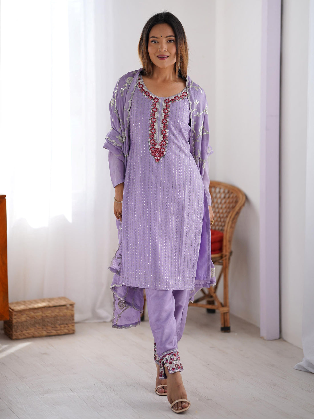 Lavish Lavender Sequins Chinon Wedding Wear Pant Suit And Dupatta - Zeel Clothing