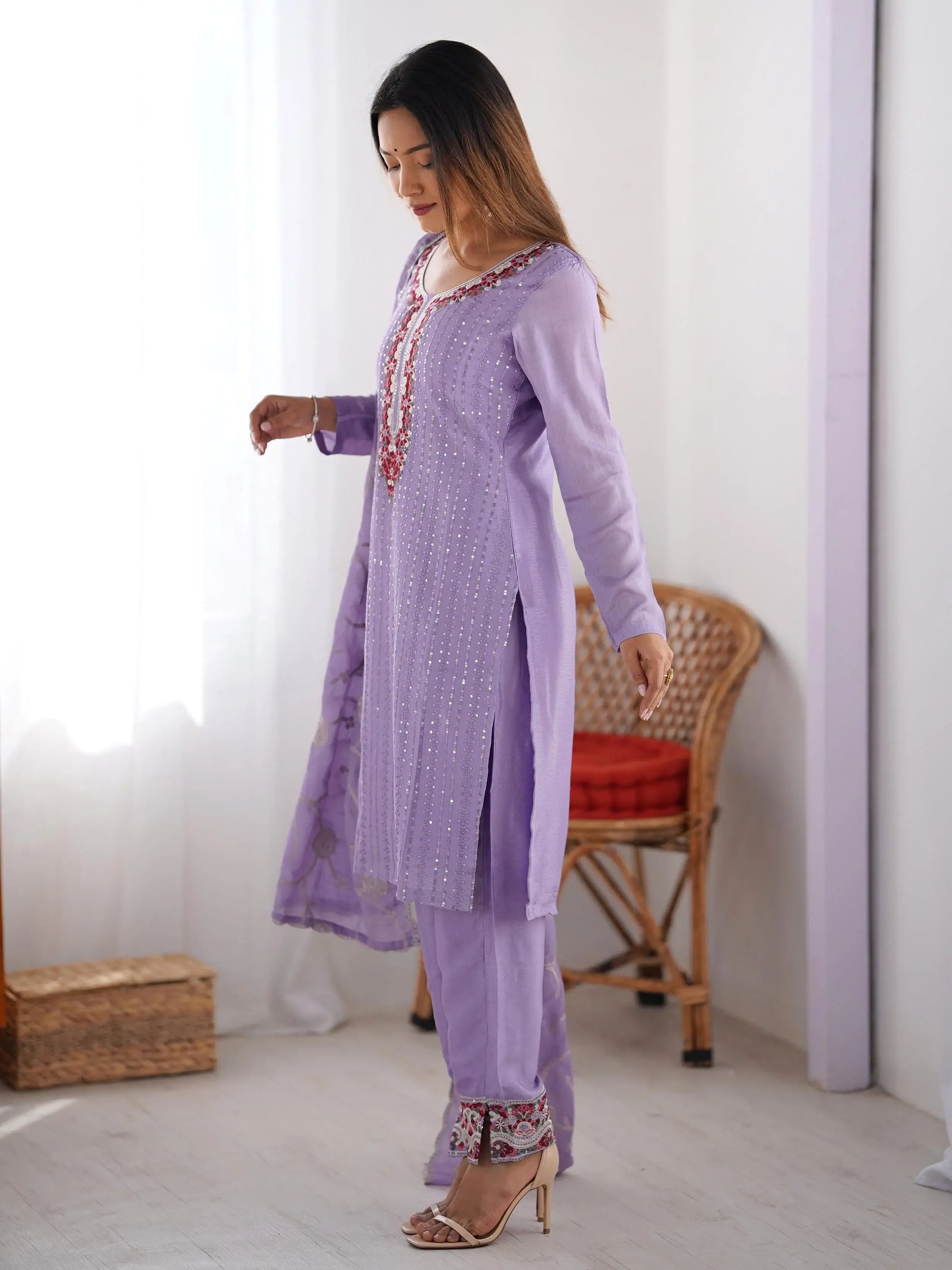 Lavish Lavender Sequins Chinon Wedding Wear Pant Suit And Dupatta - Zeel Clothing