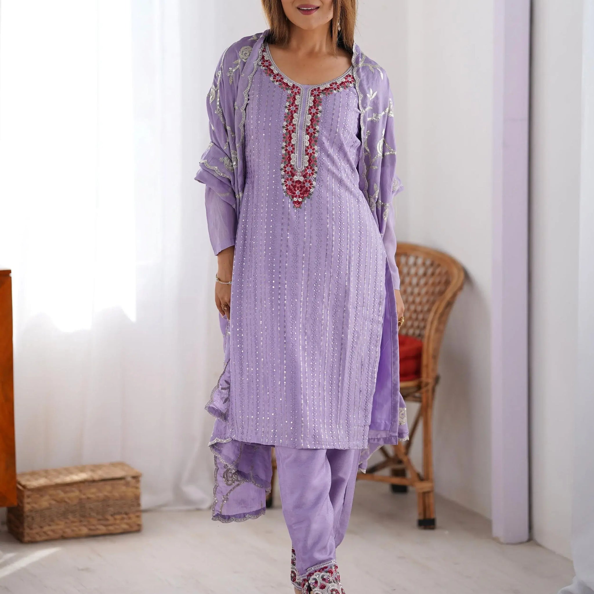 Lavish Lavender Sequins Chinon Wedding Wear Pant Suit And Dupatta - Zeel Clothing