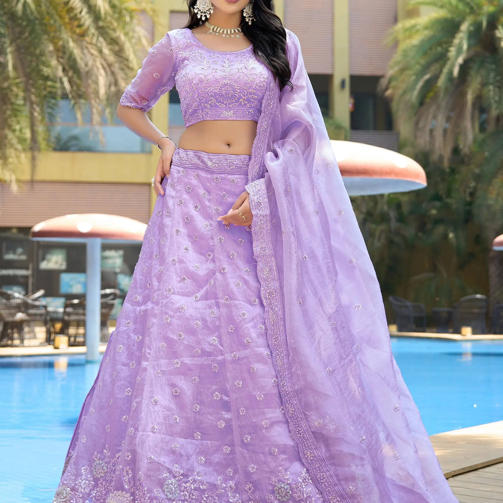 Lavish Lavender Thread Work Organza Bridesmaid Lehenga Choli - Zeel Clothing
