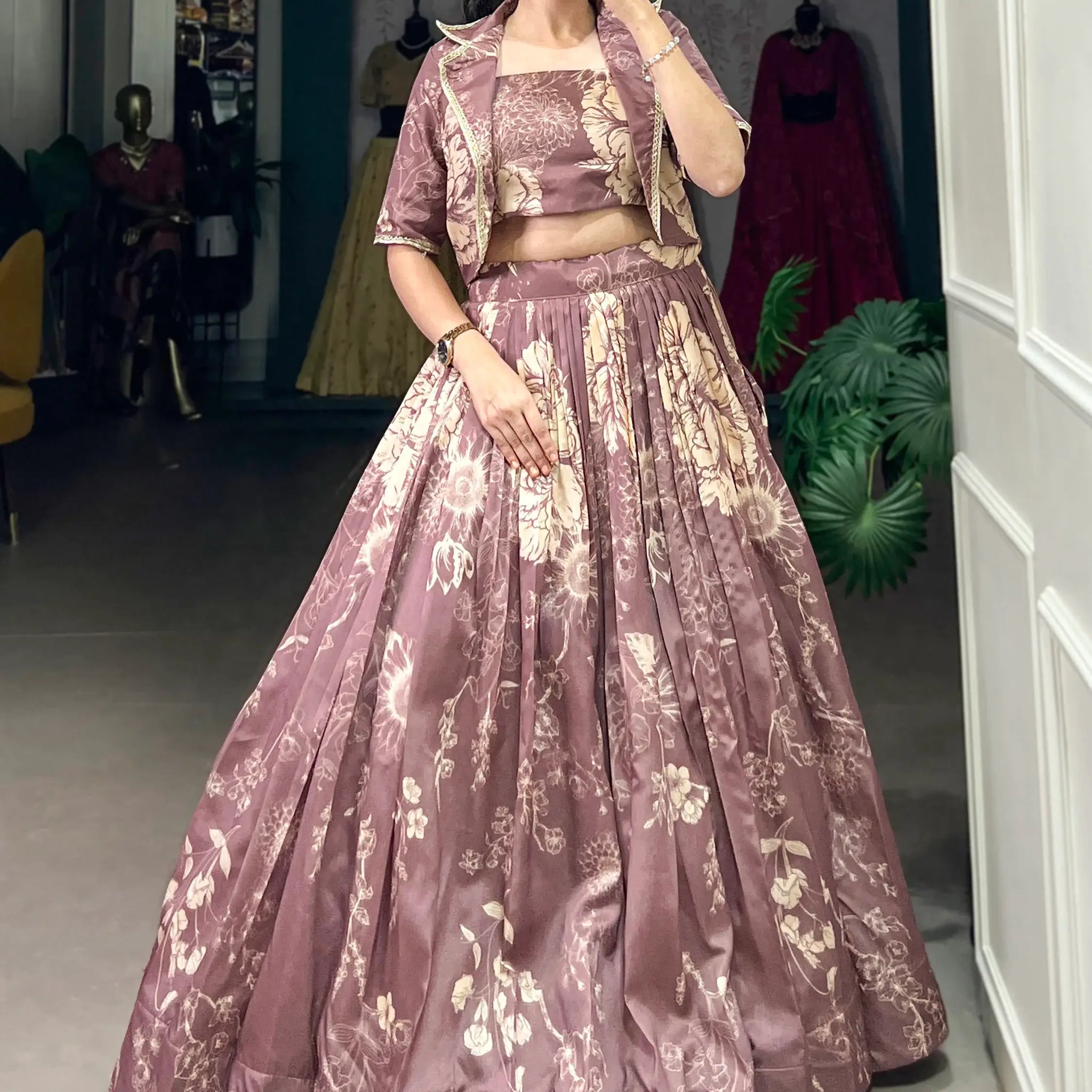 Lavish Mauve Printed Silk Party Wear Crop Top Lehenga With Jacket - Zeel Clothing