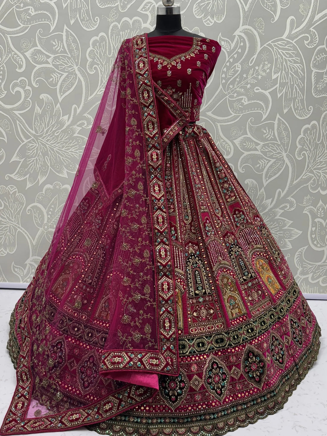 Lavish Pink Multi Thread Work Velvet Bridal Lehenga Choli With Double Dupatta