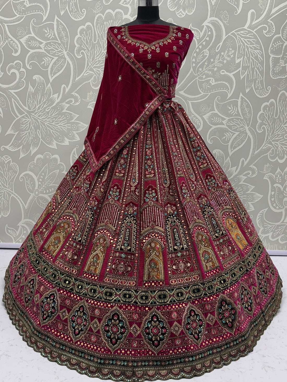 Lavish Pink Multi Thread Work Velvet Bridal Lehenga Choli With Double Dupatta