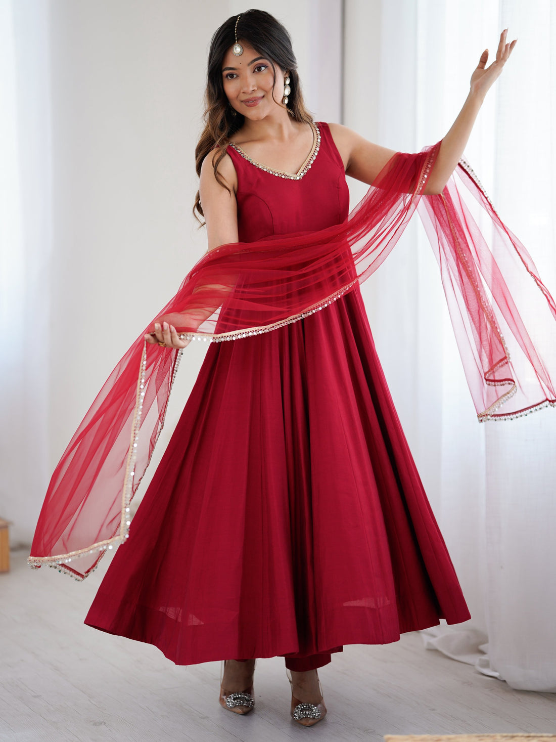 Lavish Red Chanderi Silk Anarkali Suit With Lace Work Dupatta