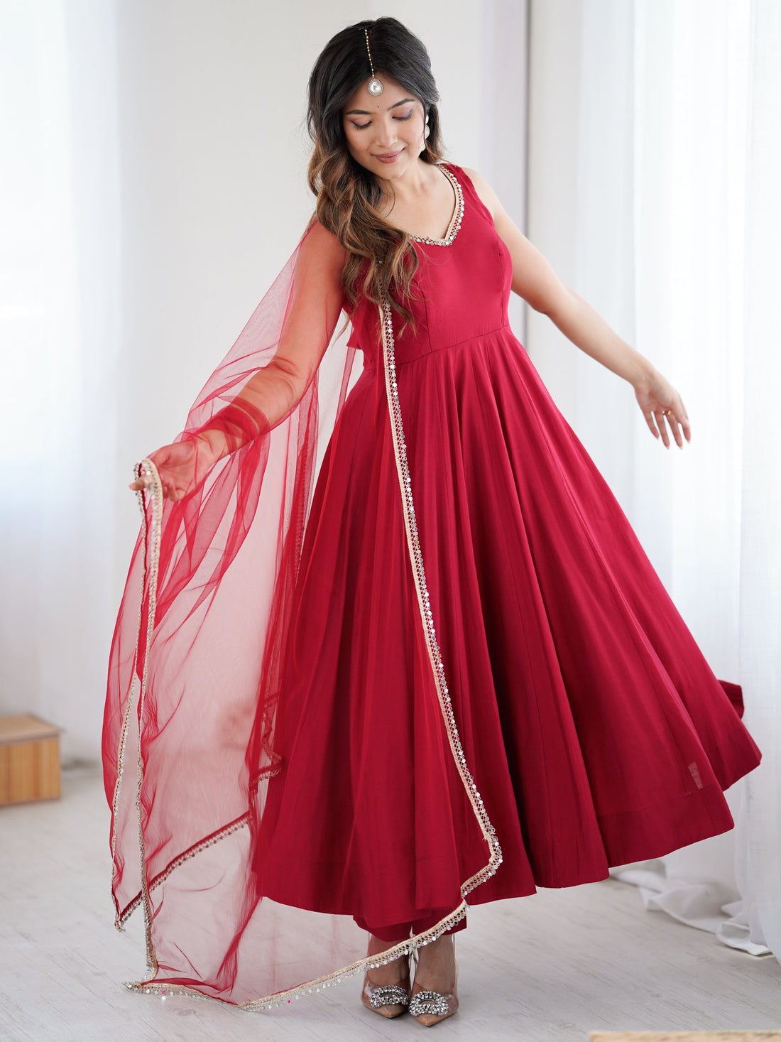 Lavish Red Chanderi Silk Anarkali Suit With Lace Work Dupatta