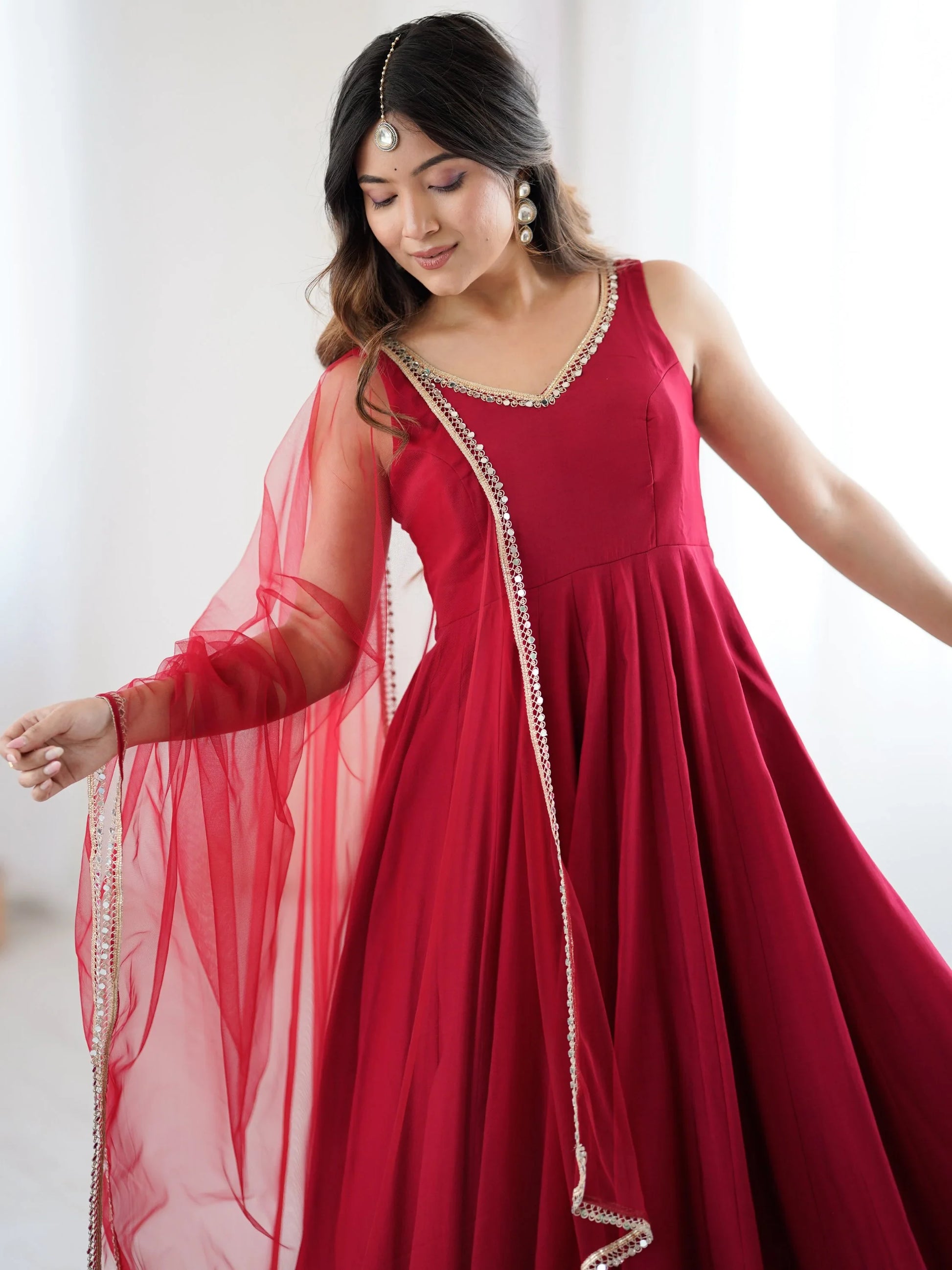 Lavish Red Chanderi Silk Anarkali Suit With Lace Work Dupatta