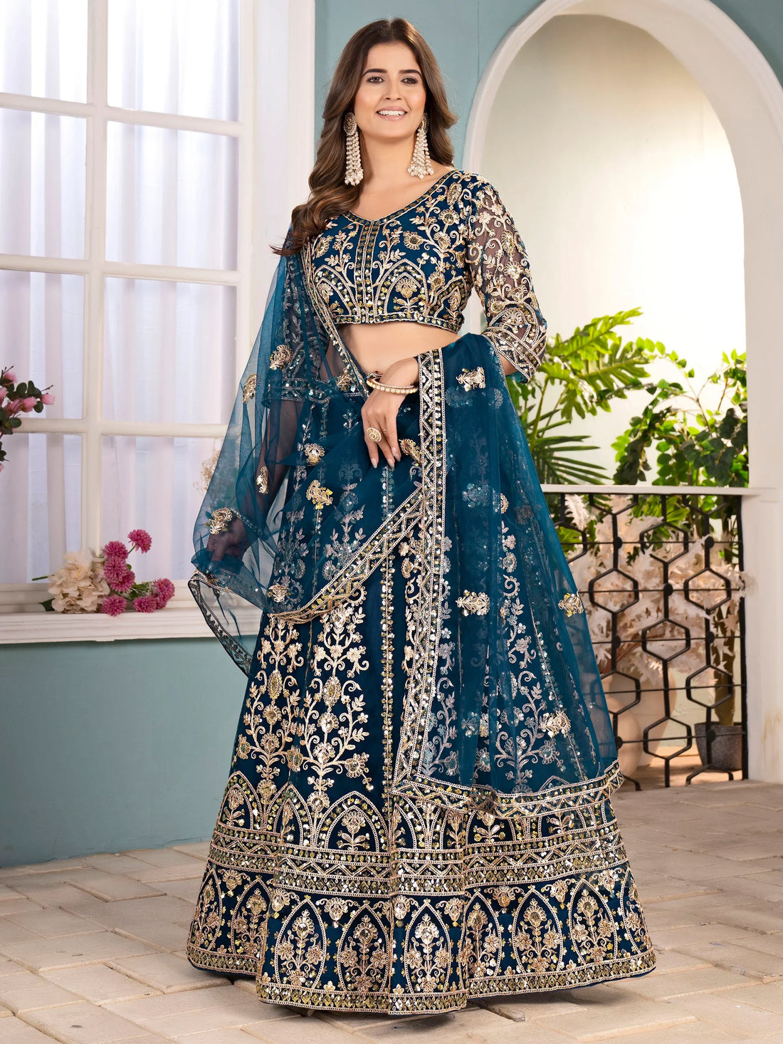 Lavish Teal Blue Embroidered Net Wedding Wear Lehenga Choli With Dupatta - Zeel Clothing