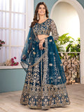 Lavish Teal Blue Embroidered Net Wedding Wear Lehenga Choli With Dupatta - Zeel Clothing