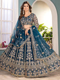 Lavish Teal Blue Embroidered Net Wedding Wear Lehenga Choli With Dupatta - Zeel Clothing