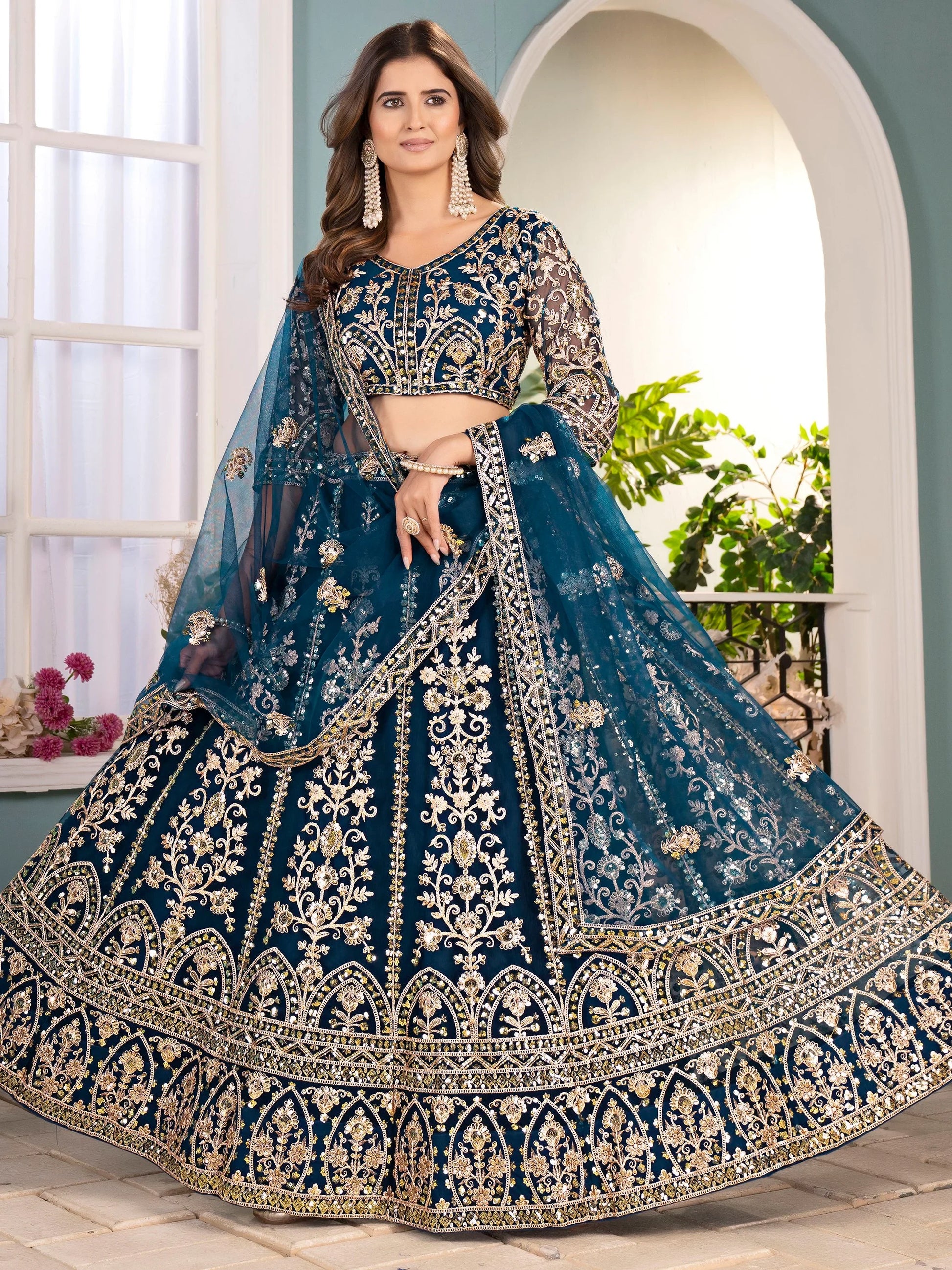 Lavish Teal Blue Embroidered Net Wedding Wear Lehenga Choli With Dupatta - Zeel Clothing