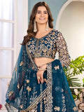 Lavish Teal Blue Embroidered Net Wedding Wear Lehenga Choli With Dupatta - Zeel Clothing