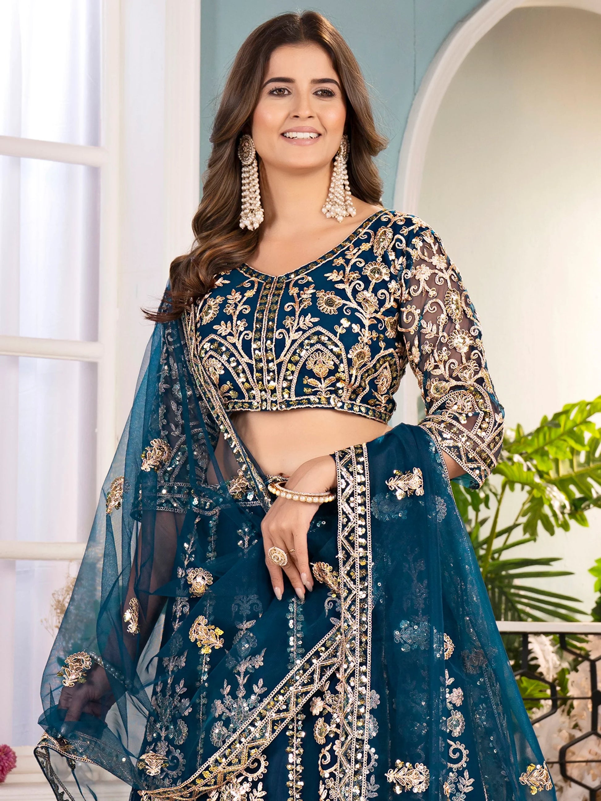 Lavish Teal Blue Embroidered Net Wedding Wear Lehenga Choli With Dupatta - Zeel Clothing