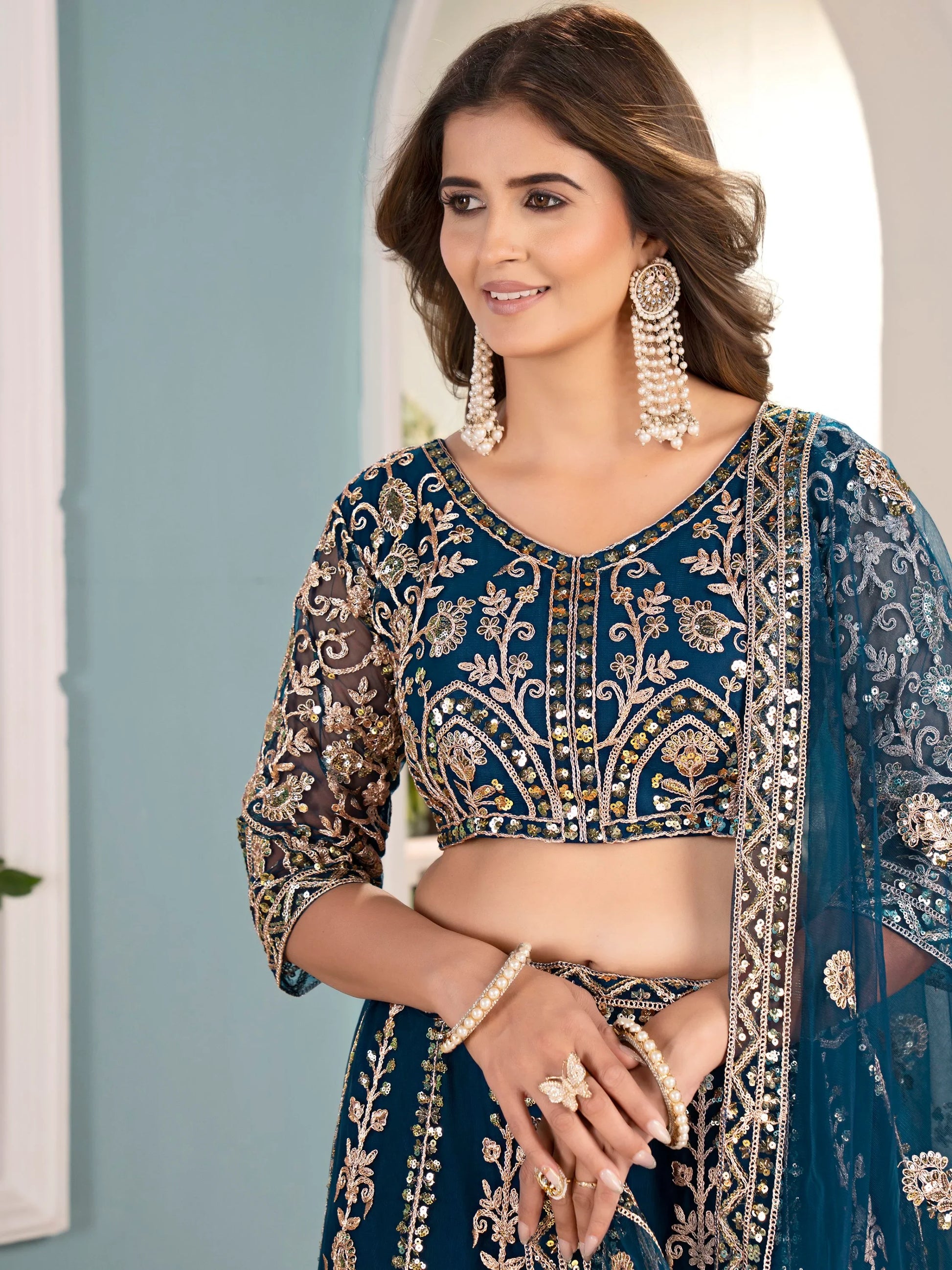 Lavish Teal Blue Embroidered Net Wedding Wear Lehenga Choli With Dupatta - Zeel Clothing