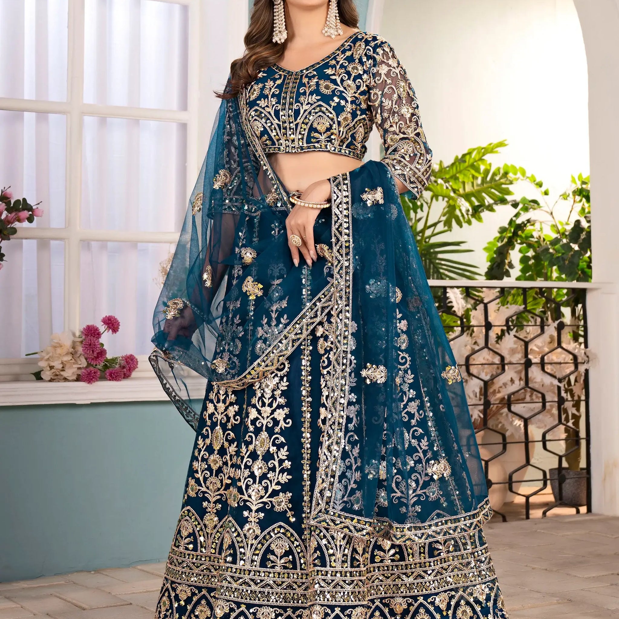 Lavish Teal Blue Embroidered Net Wedding Wear Lehenga Choli With Dupatta - Zeel Clothing
