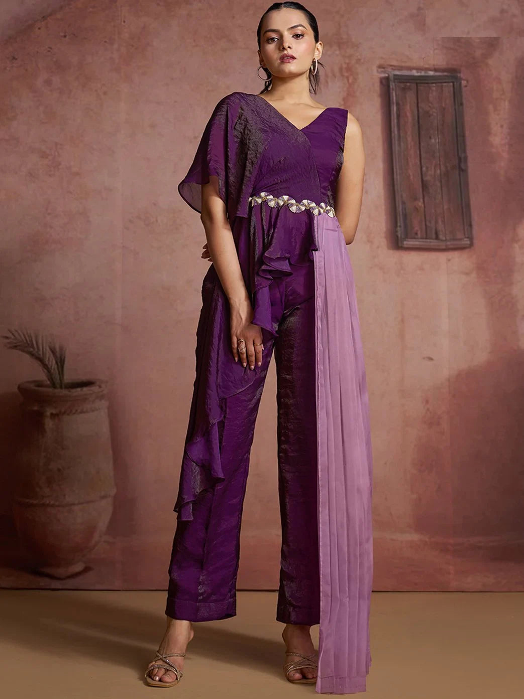 Lavish Wine Hand Work Organza Party Wear Co-Ord Set