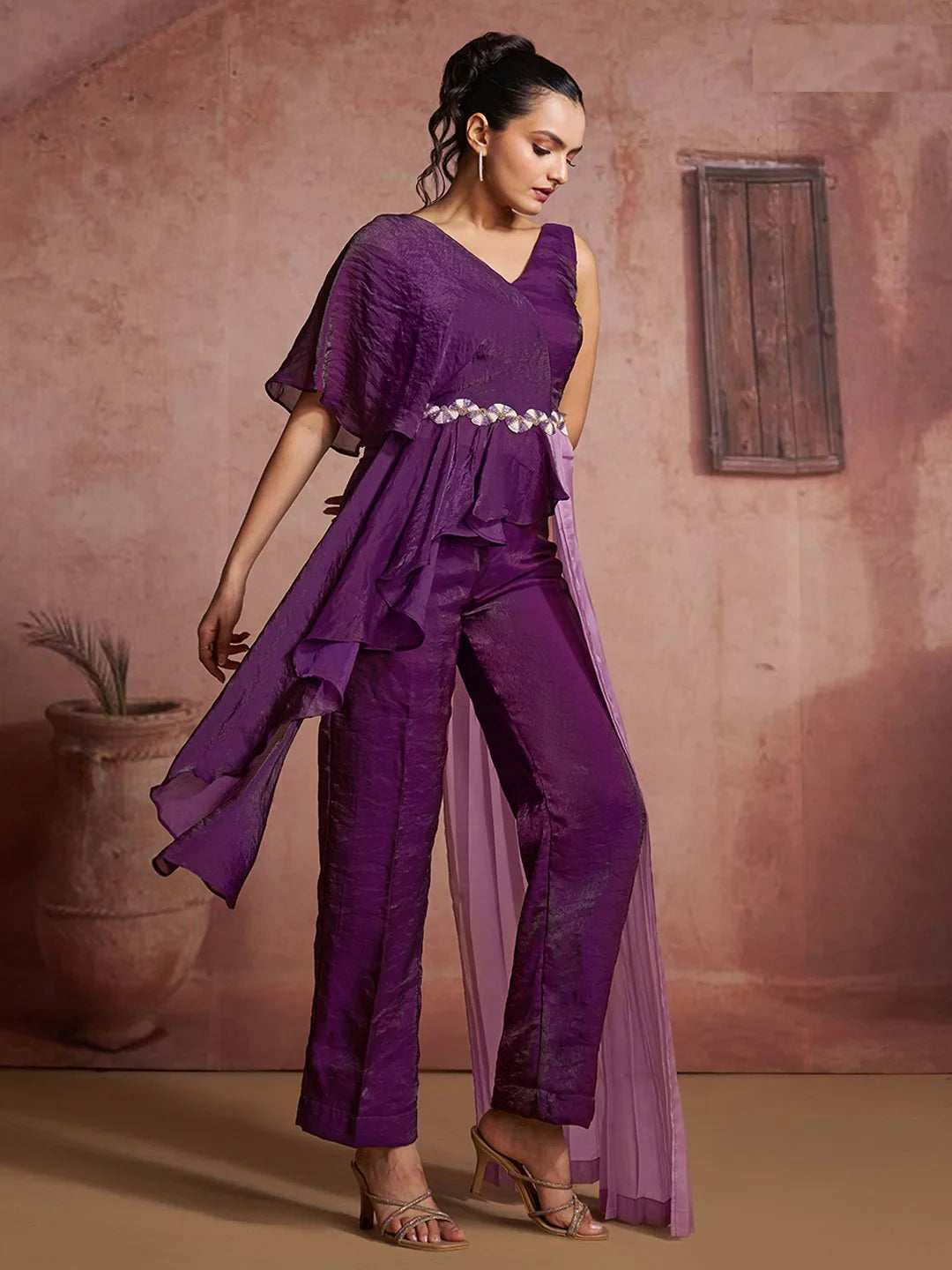 Lavish Wine Hand Work Organza Party Wear Co-Ord Set