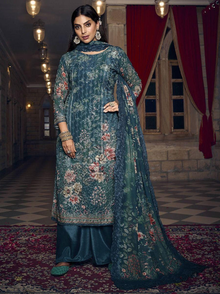 Attractive Teal Blue Digital Printed Georgette Festival Wear Salwar Kameez